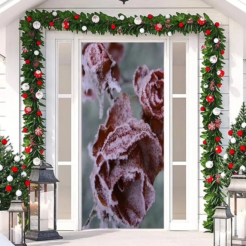 Snowy Red Rose Plant Merry Christmas Door Cover - Aperturee