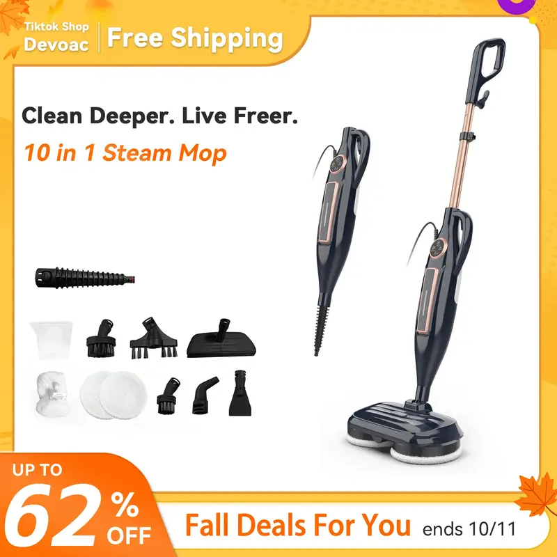[FallDealsForYou]DEVOAC 10-in-1 Electric Steam Mop with Detachable Handheld Steamer Lightweight for Walls Floors,Tiles Tackle...