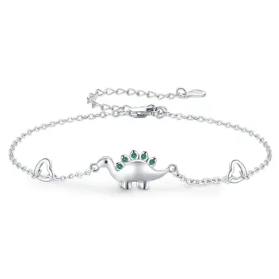Sterling Silver Circular Shaped Cubic Zirconia Dinosaur Charm Bracelet