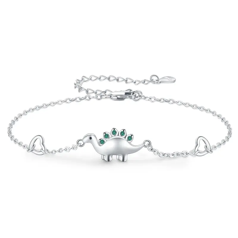 Sterling Silver Circular Shaped Cubic Zirconia Dinosaur Charm Bracelet