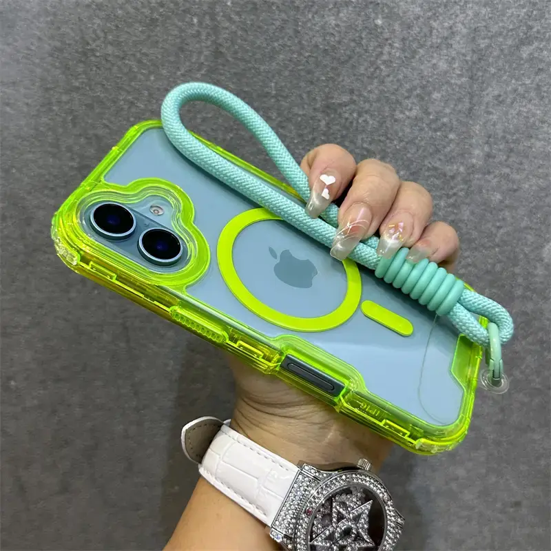 For Magsafe Magnetic Transparent Wrist Strap Case For iPhone 17 16 Pro Max 15 13 14 Plus Candy Armor Bumper Shockproof Cover