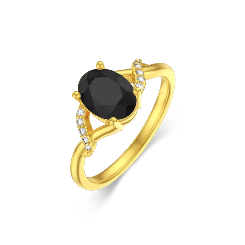 10K Gold Round Shaped Black Agate Personalized Engraving Ring