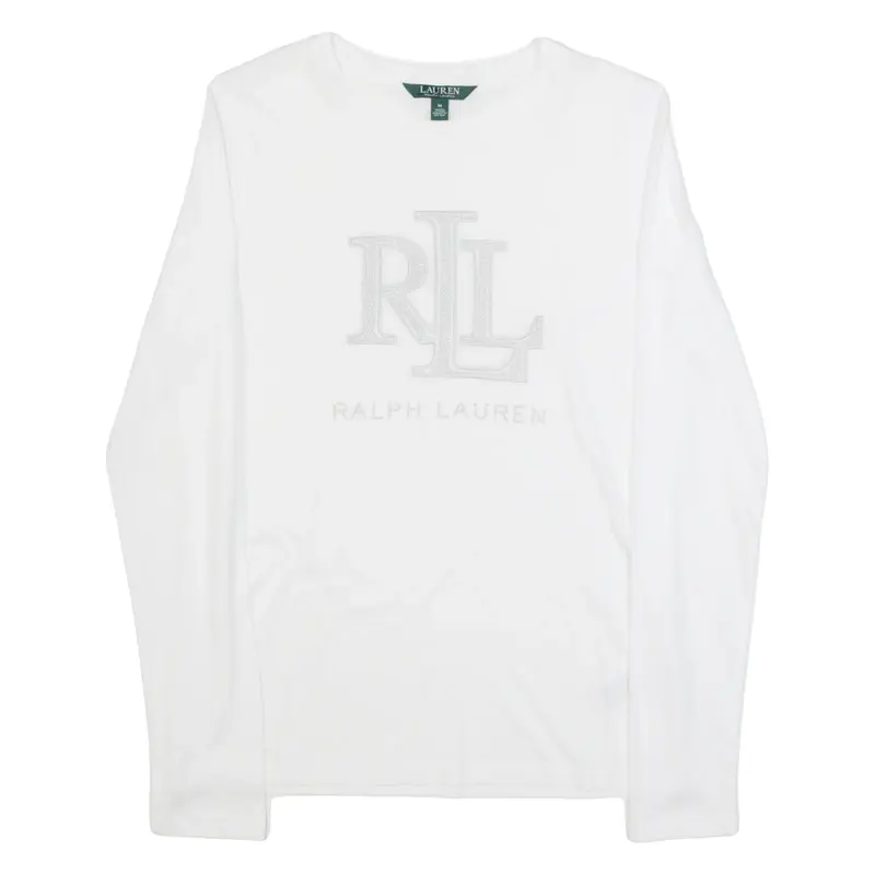 LAUREN RALPH LAUREN Rhinestones Womens T-Shirt White Long Sleeve M