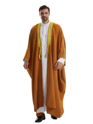 Luxury Arabic Men's Beaded Semi-Transparent Embroidered Fabric, Thick Double Layer Batwing Sleeve Outerwear, Available in Thr...