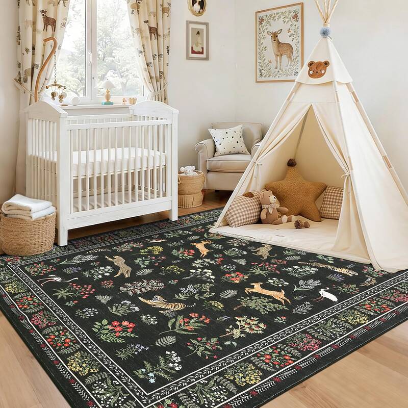 Garvee Jungle Print Washable Area Rugs 6x9, Non Slip Soft Animal Print Carpet for Kids Room Living Room, Black