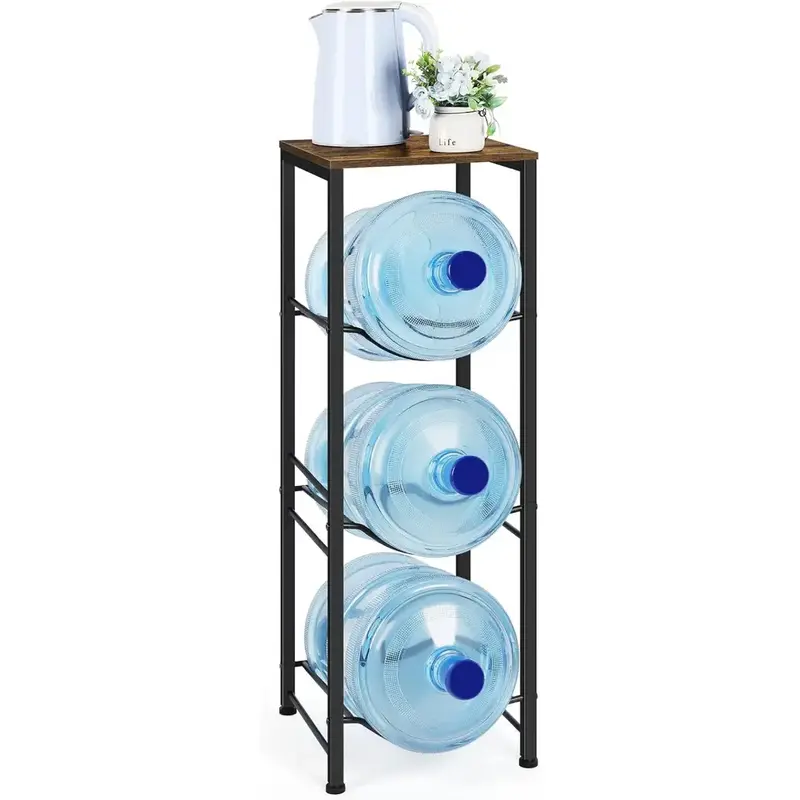 3-Tier Water Jug Rack, 5 Gallon Water Bottle Holder Organizer with Storage Shelf, Space Saving and Durable Rustic Brown Metal...