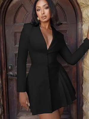 Women's Solid Deep V Neck Pleated A Line Dress, Elegant Button Front Long Sleeve Short Dress for Spring & Fall, Women's Clot...