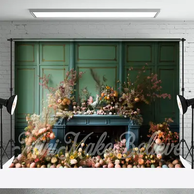 Colorful Floral Eggs Green Wall Easter Backdrop - Aperturee