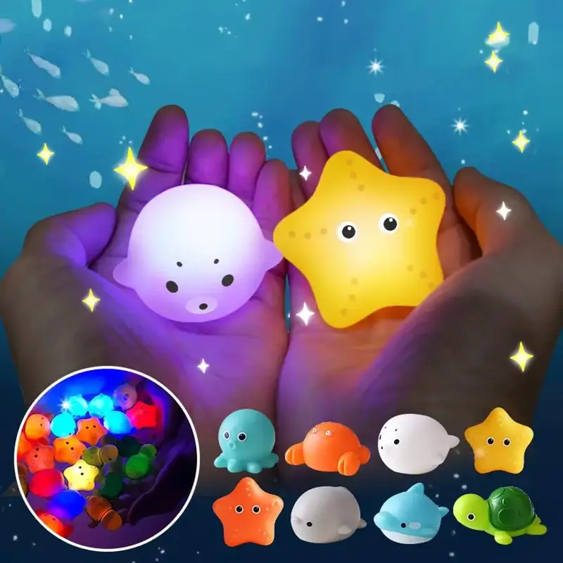 Cute Cartoon Sea Life Design Electric Luminous Bath Toy, 4 Counts/set Waterproof LED Light Up Baby Bath Toy, Interactive Toy,...