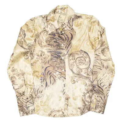 Womens Printed Blouse Gold Collared Long Sleeve Silk Paisley S
