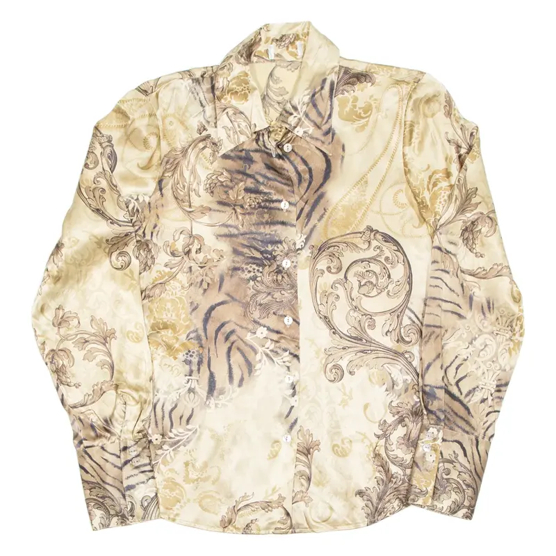 Womens Printed Blouse Gold Collared Long Sleeve Silk Paisley S