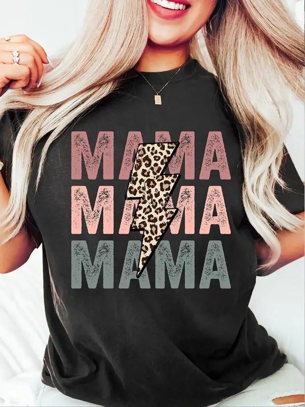Women's Leopard Lightning & Letter Print Round Neck Tee, Fashion Casual Short Sleeve T-Shirt for Daily Wear, Ladies Clothes f...