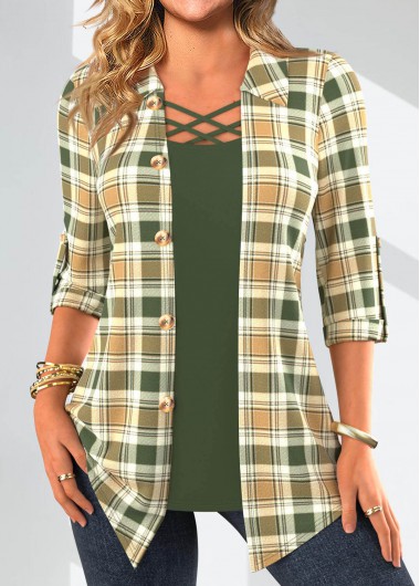 Modlily Sage Green Fake 2in1 Plaid Blouse - XXL