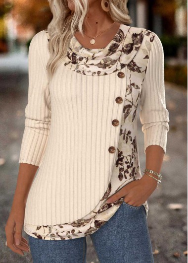Modlily Beige Tummy Coverage Floral Print Long Sleeve T Shirt - L