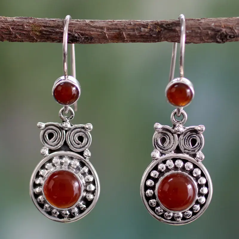 NOVICA Fire Owl Handcrafted Indian Sterling Silver and Carnelian Earrings