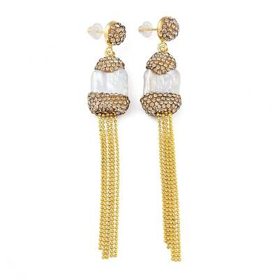 Rack Plating Nuggets Tassel Brass With Natural Pearl Handmade Indonesia Stud Earrings