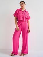 Women's Casual Collared Flap Pocket Short Sleeve Top & High Waist Trousers Co-ord