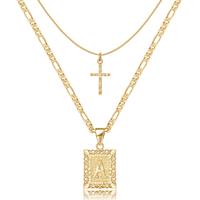 KY Jewelry Gold Layered Initial Cross Necklace, 14K Gold Plated Layering Square Letter Pendant Figaro Chain Cross Choker from...