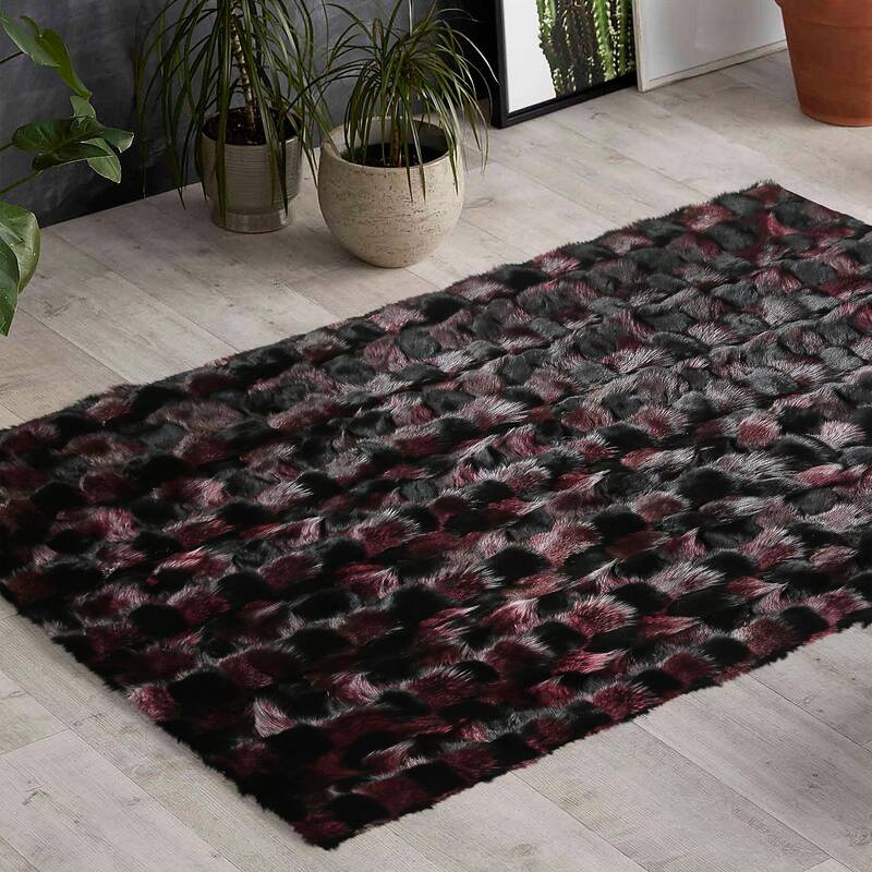 Dark Red & Black Fox Fur Rug