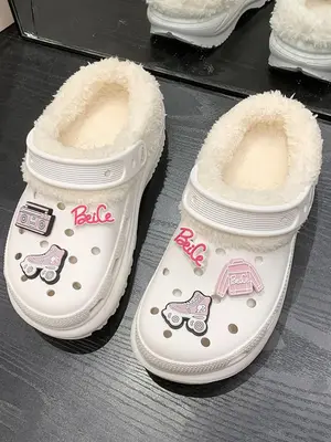 Women's Cute Cartoon Pattern Decoration Non-slip Plush Slippers, Casual Soft Comfortable Vented Clogs, Warm Slippers for Indo...