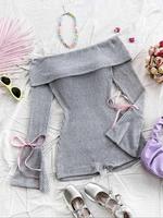 Women's Solid Ribbed Off Shoulder Flounce Sleeve Romper, Casual Fashion Cozy Pastel Romper for Daily Outdoor Wear, Women's Lo...