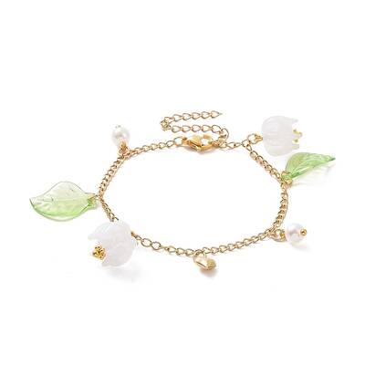 Acrylic Leaf & Flower & Plastic Pearl Charm Bracelet