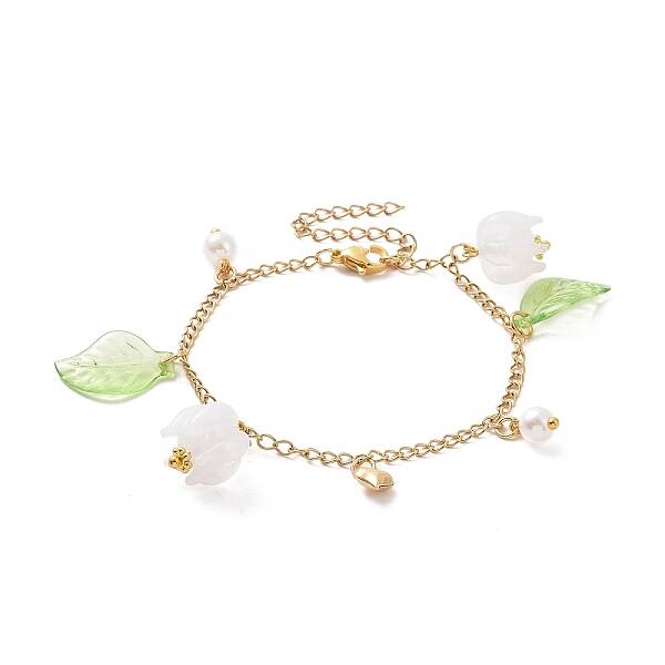Acrylic Leaf & Flower & Plastic Pearl Charm Bracelet