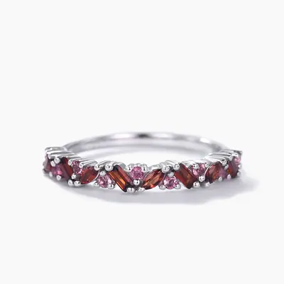 Red Garnet Cluster Wedding Band Pink Sapphire Stacking Ring for Women/Family