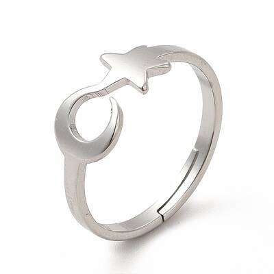 Non-Tarnish 304 Stainless Steel Star and Moon Adjustable Ring for Women