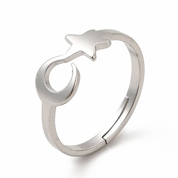 Non-Tarnish 304 Stainless Steel Star and Moon Adjustable Ring for Women