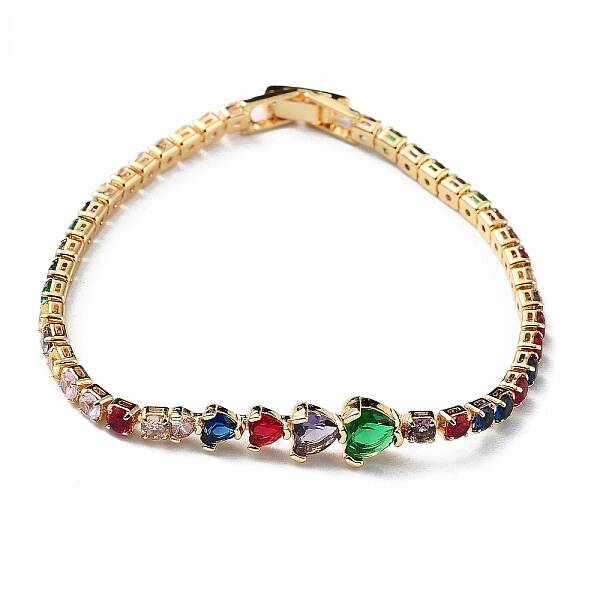 Brass Micro Pave Cubic Zirconia Chain Bracelets with Fold Over Clasps
