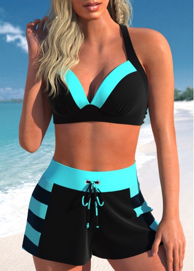 Modlily Patchwork High Waisted Striped Black Bikini Set - M