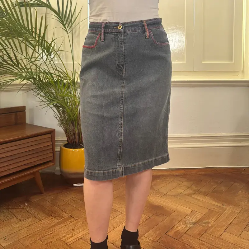 Unbranded Embroidered Denim Skirt - 30W UK 10 Black Cotton