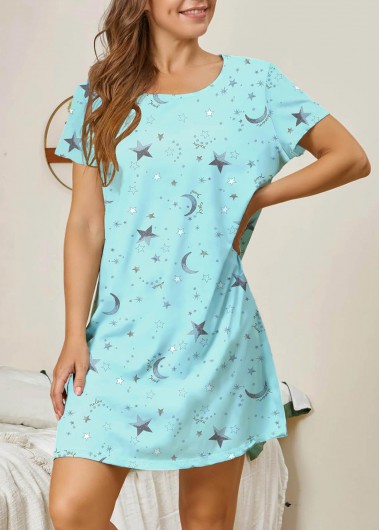 Modlily Mint Green Star Print Short Sleeve Round Neck Nightdress - S