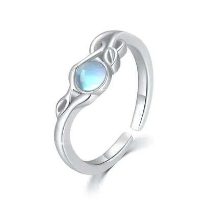 Sterling Silver Round Shaped Moonstone Leaves Open Ring