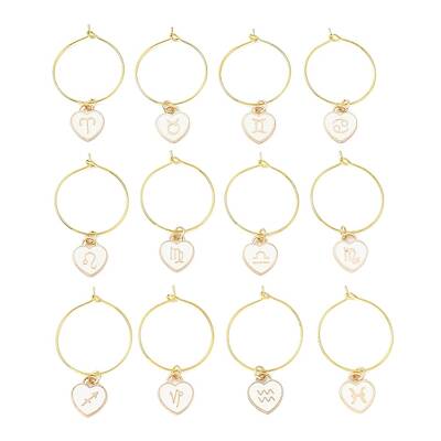 12Pcs Heart with Constellation Alloy Enamel Wine Glass Charms Sets