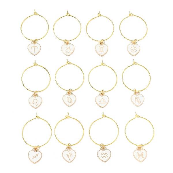 12Pcs Heart with Constellation Alloy Enamel Wine Glass Charms Sets