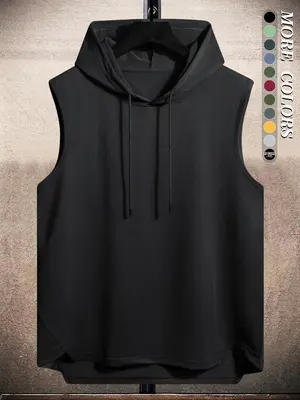 Men's Plain Drawstring High Low Hem Hooded Tank Top, Regular Fit Casual Sleeveless Vest, Going Out Top, National Day Clothing