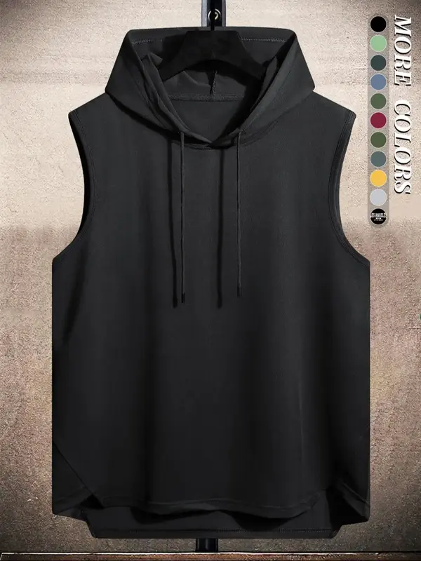 Men's Plain Drawstring High Low Hem Hooded Tank Top, Regular Fit Casual Sleeveless Vest, Going Out Top, National Day Clothing