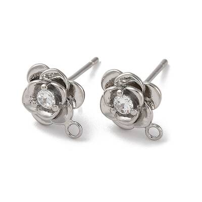 Rose Flower Brass Micro Pave Cubic Zirconia Stud Earring Findings