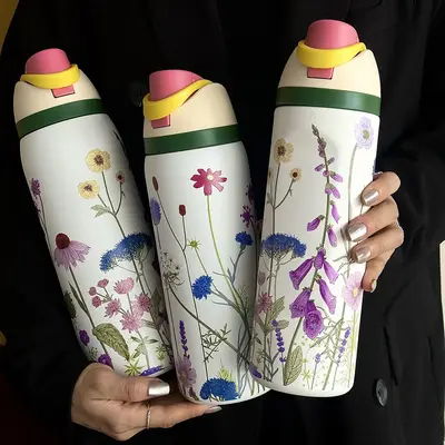 Flower Pattern Vacuum Flask, 1 Count Portable Insulated Water Bottle with Straw, Summer Cool Bottle Drinking Cup for Home Off...