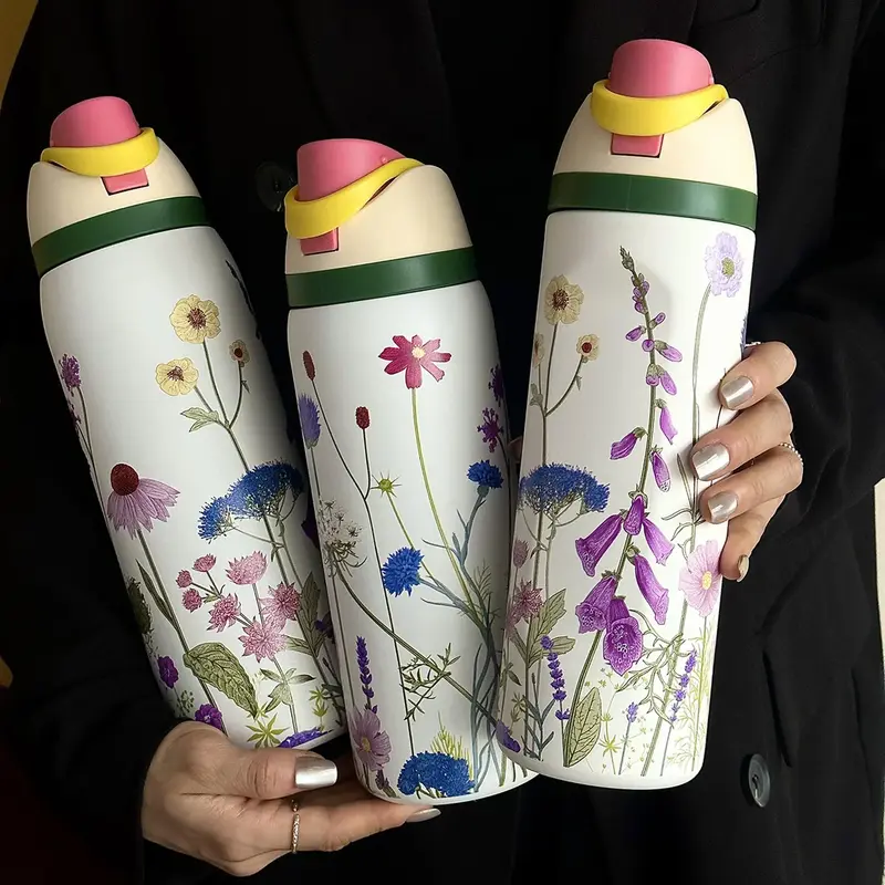 Flower Pattern Vacuum Flask, 1 Count Portable Insulated Water Bottle with Straw, Summer Cool Bottle Drinking Cup for Home Off...