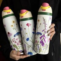 Flower Pattern Vacuum Flask, 1 Count Portable Insulated Water Bottle with Straw, Stainless Steel Thermal Summer Cool Bottle D...