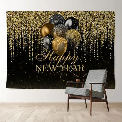 Aperturee Sequin Like Black Gold Balloon New Year Backdrop