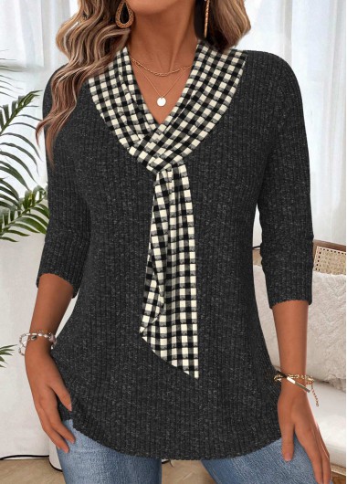 Modlily Black Tummy Coverage Plaid 3/4 Sleeve T Shirt - L