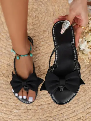 Women's Bowknot Decor Slide Sandals, Girl Comfort Casual Braid Design Toe Thong Sandals for Summer, Lightweight Boho Style S...