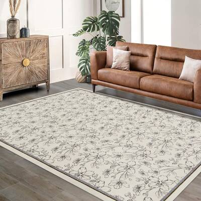 Garvee Floral Rug 5x7 Washable Non Slip Boho Soft Bedroom Area Rug Beige for Living Room Dining Room Home Office