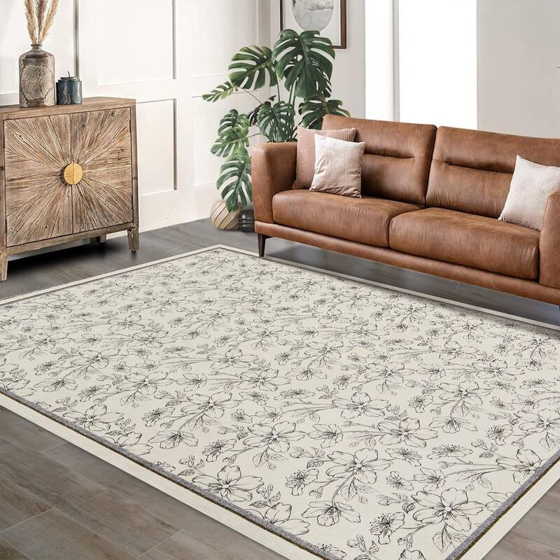 Garvee Floral Rug 5x7 Washable Non Slip Boho Soft Bedroom Area Rug Beige for Living Room Dining Room Home Office