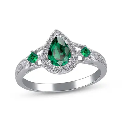 10K White Gold Pear Cut Emerald & Diamond Halo Engagement Ring