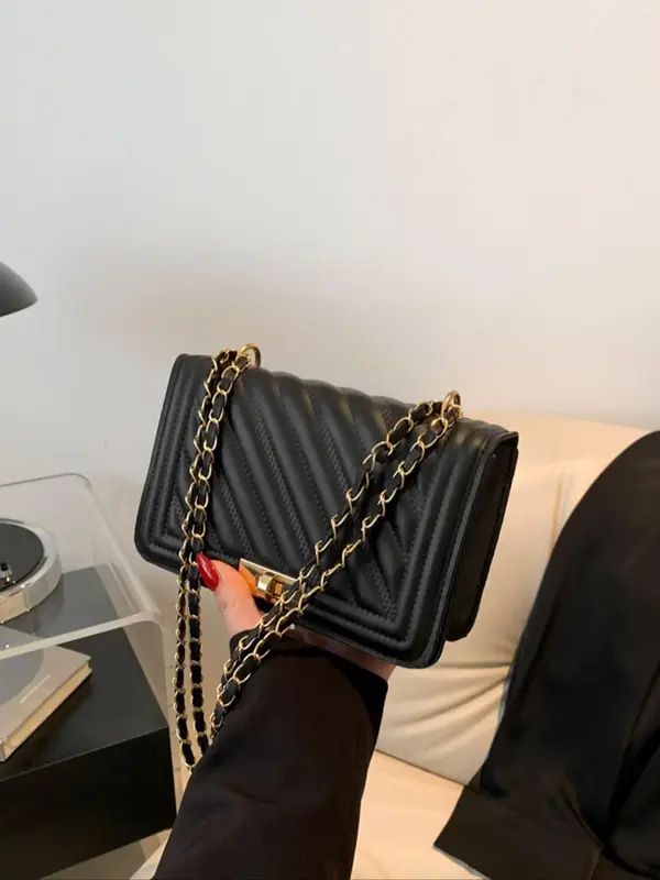 Women's Fashion Solid Color Quilted Shoulder Bag, Chain Strap Crossbody Bag for Work & Daily Used, Casual Trendy Versatile Hi...